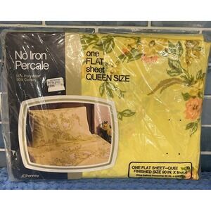 Vintage NOS‎ JC Penney Cotton Poly Queen Flat Sheet Pale Buttercup Floral NEW!